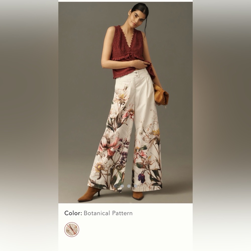 Anthropologie Botanical Pattern Wide-Leg Pants - Cream